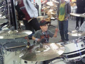 Finley Mapelstone trying Shine Drums at the London Drum Show 2010