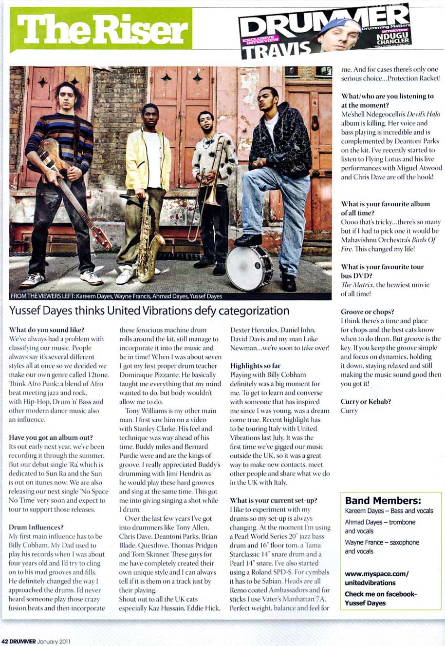 Drummer Yussef Dayes and United Vibration. Drummer interview Jan 2011 Drummer Magazine